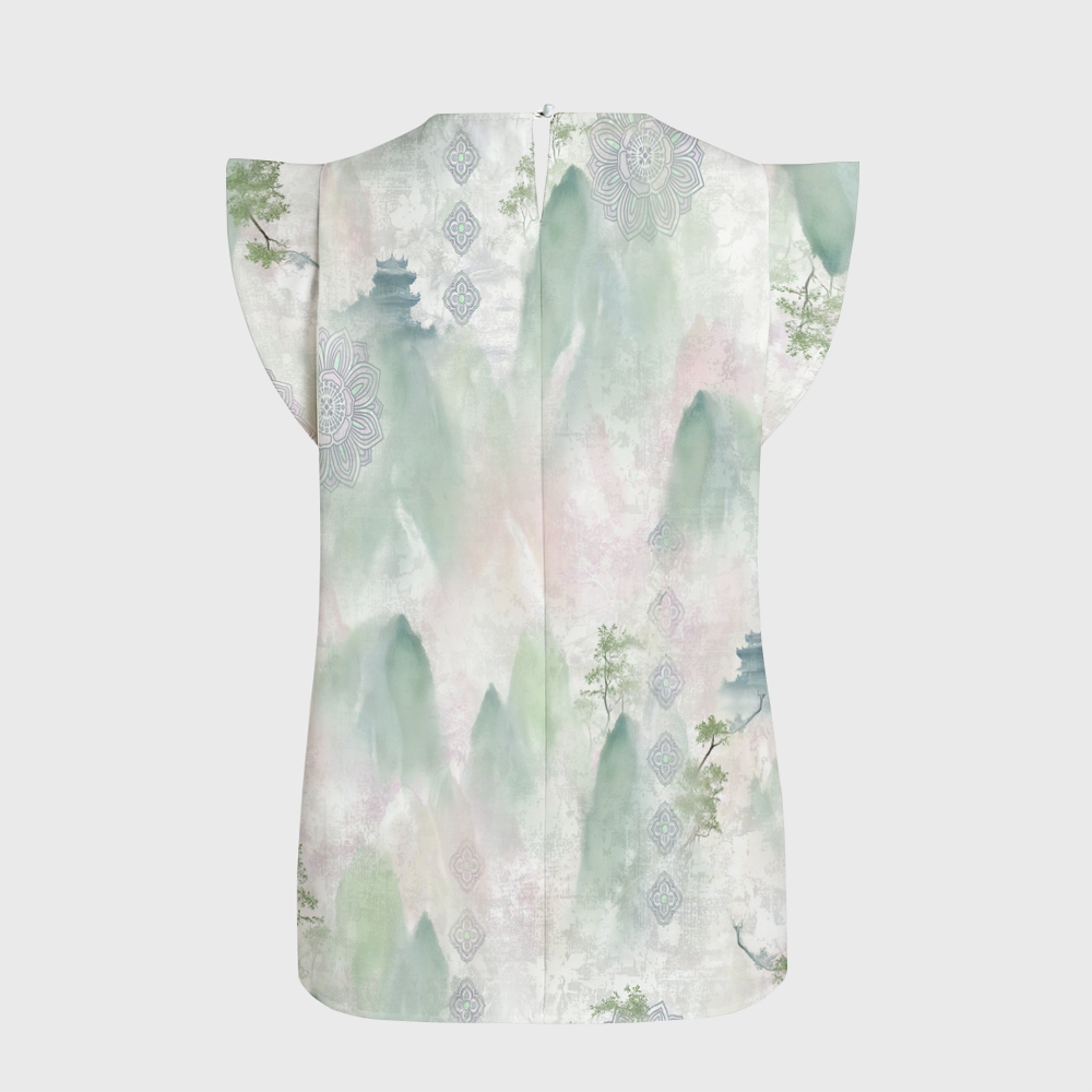 Women's Intangible Cultural Heritage Flying Sleeve Printed Scrub Top CT10277