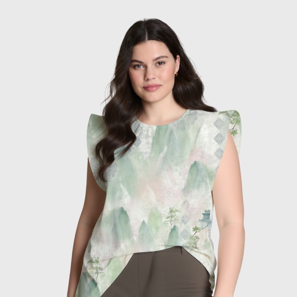 Women's Intangible Cultural Heritage Flying Sleeve Printed Scrub Top CT10277