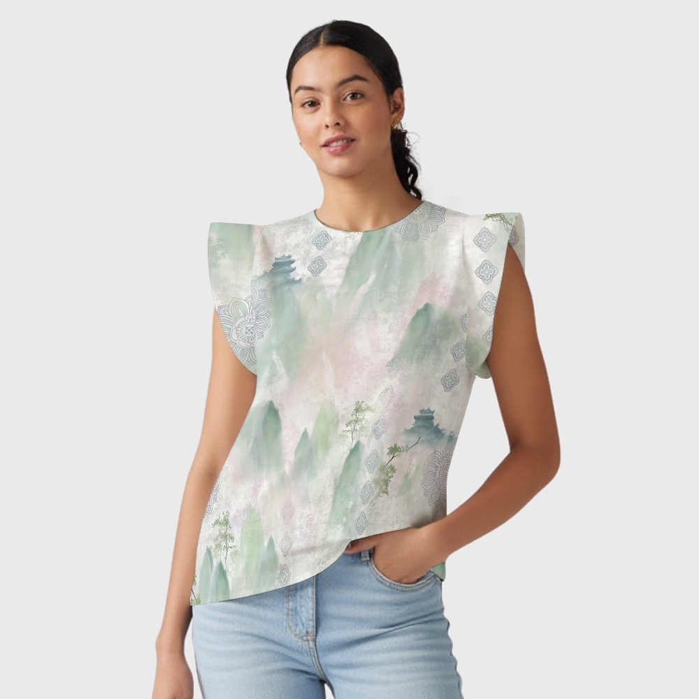 Women's Intangible Cultural Heritage Flying Sleeve Printed Scrub Top CT10277