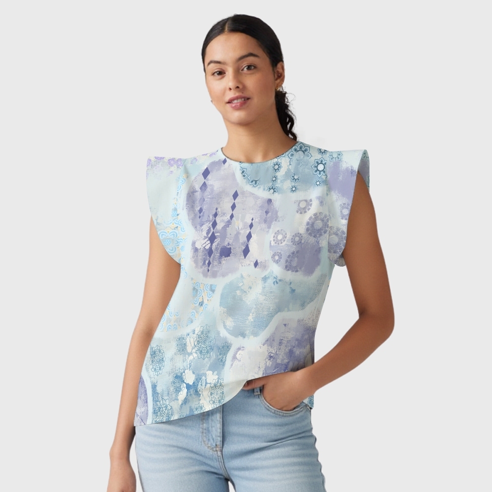 Women's Intangible Cultural Heritage Flying Sleeve Printed Scrub Top CT10278