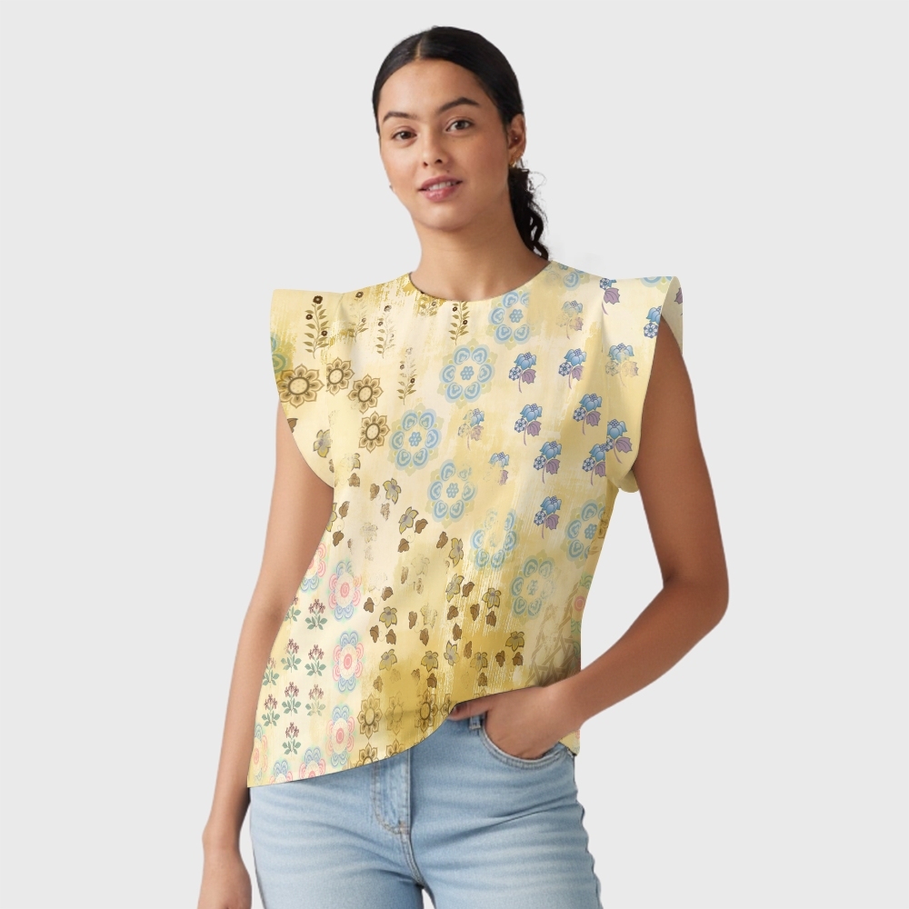 Women's Intangible Cultural Heritage Flying Sleeve Printed Scrub Top CT10279