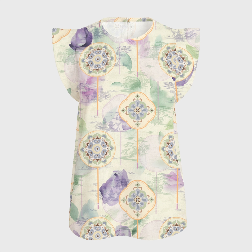 Women's Intangible Cultural Heritage Flying Sleeve Printed Scrub Top CT102710