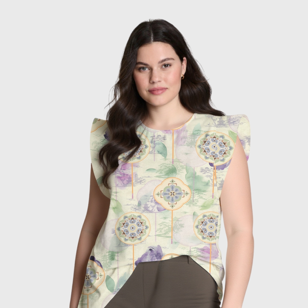 Women's Intangible Cultural Heritage Flying Sleeve Printed Scrub Top CT102710