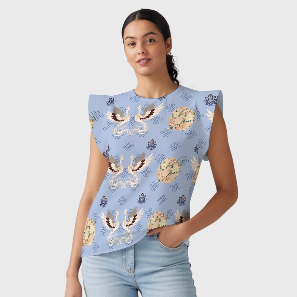 Women's Intangible Cultural Heritage Flying Sleeve Printed Scrub Top CT102711