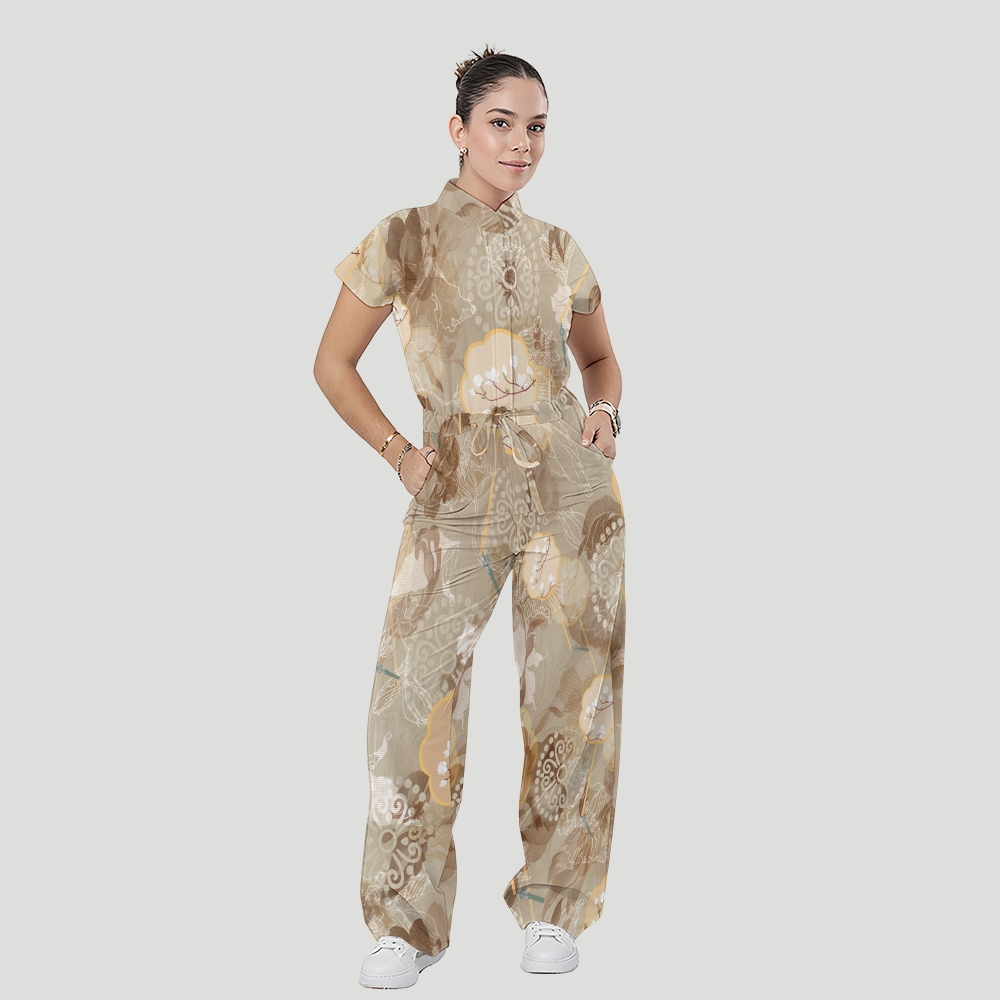 Women's Stand Collar Waist Tie Intangible Cultural Heritage Print Scrub Jumpsuit CJ10271