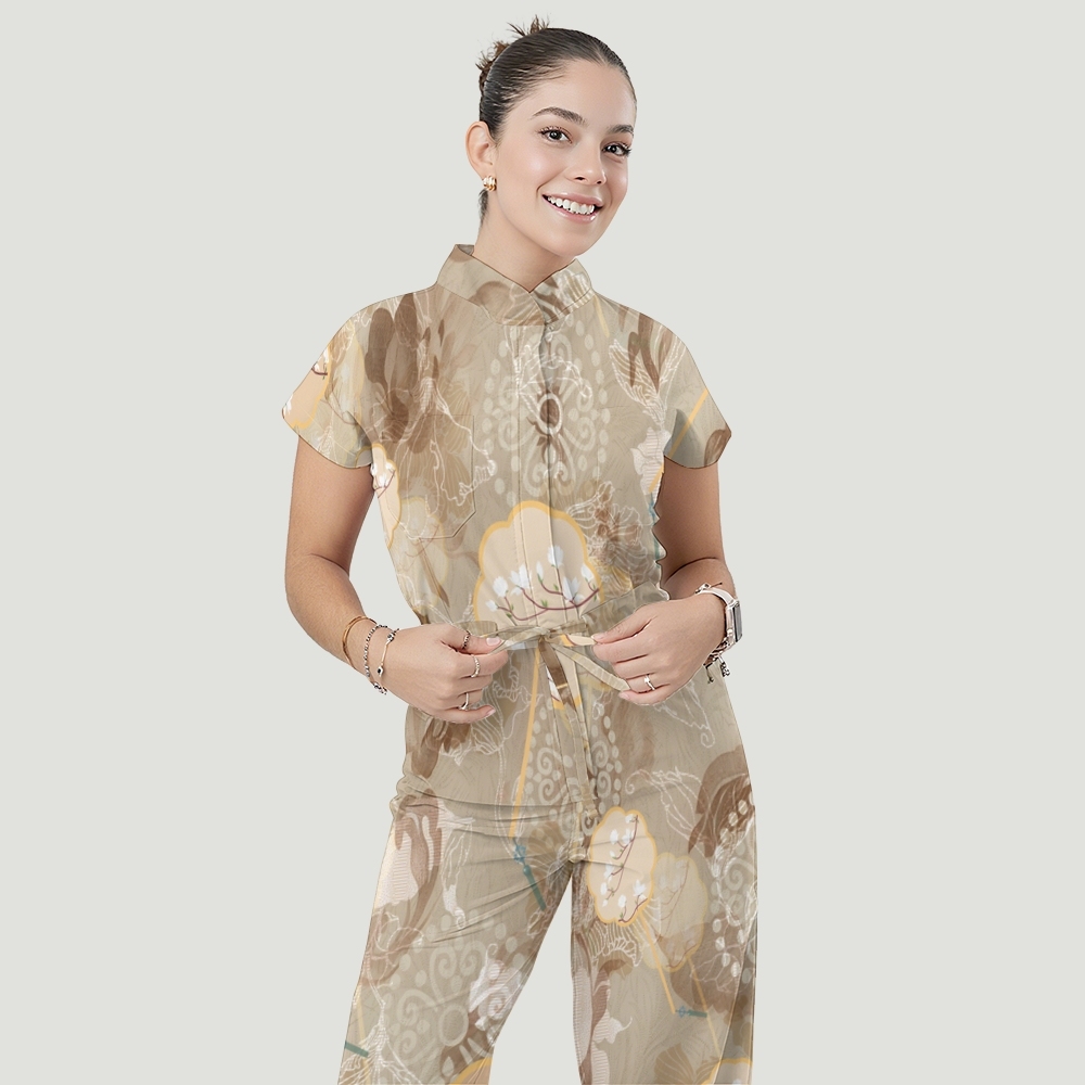 Women's Stand Collar Waist Tie Intangible Cultural Heritage Print Scrub Jumpsuit CJ10271