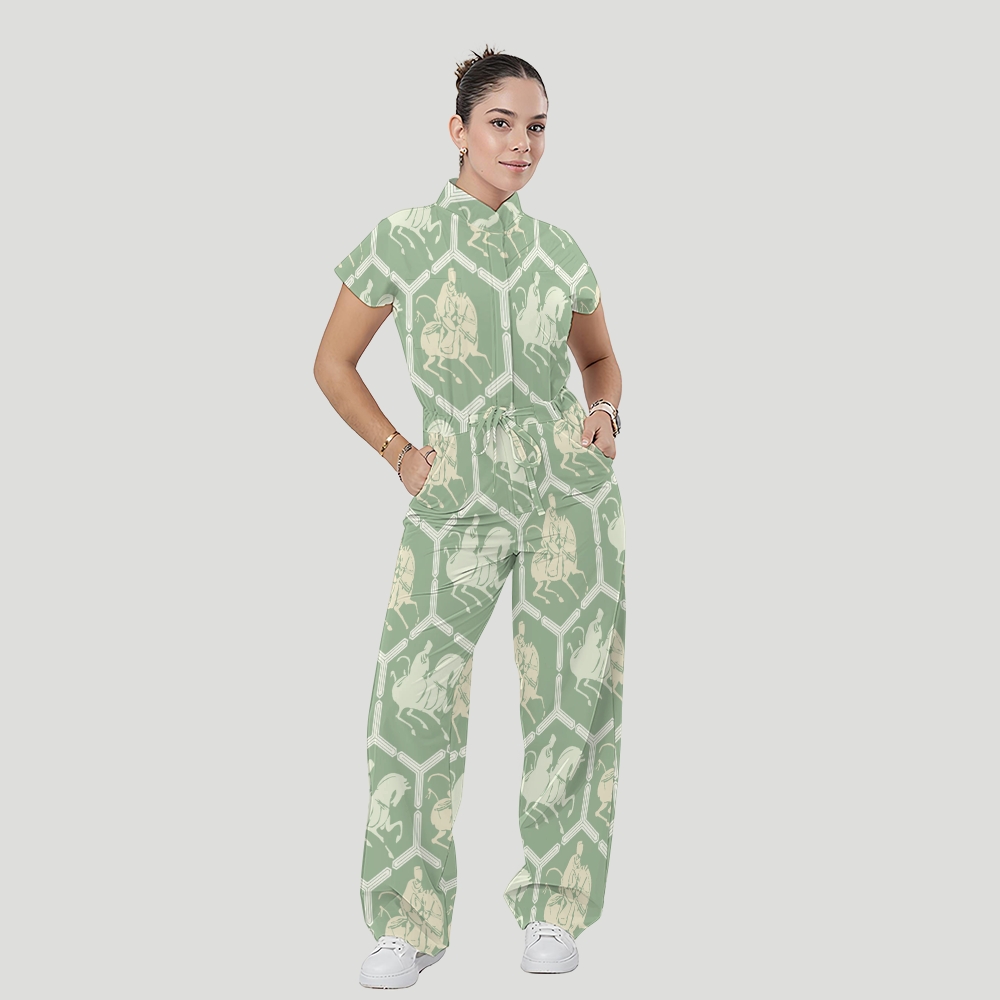Women's Stand Collar Waist Tie Intangible Cultural Heritage Print Scrub Jumpsuit CJ10272