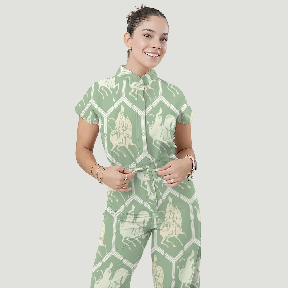 Women's Stand Collar Waist Tie Intangible Cultural Heritage Print Scrub Jumpsuit CJ10272