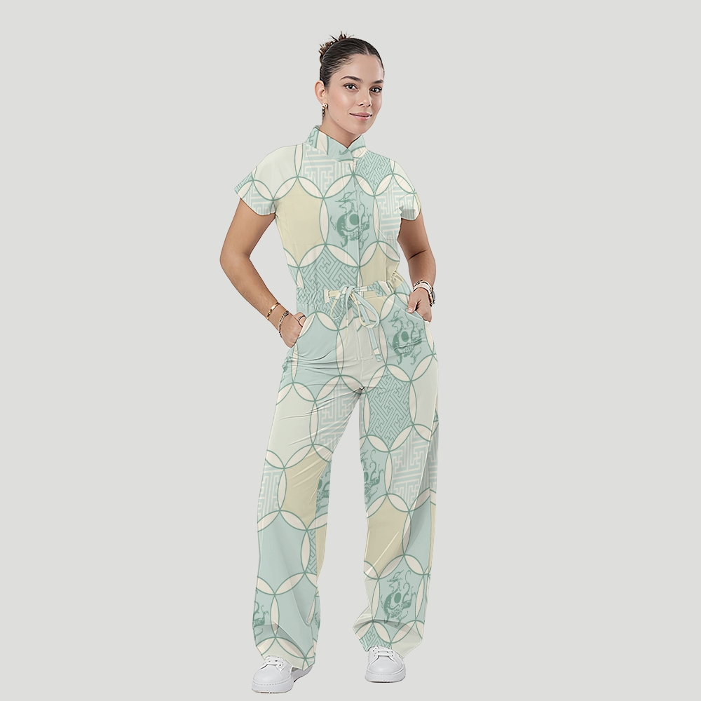 Women's Stand Collar Waist Tie Intangible Cultural Heritage Print Scrub Jumpsuit CJ10273