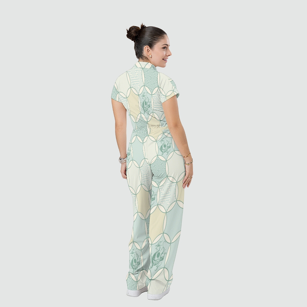 Women's Stand Collar Waist Tie Intangible Cultural Heritage Print Scrub Jumpsuit CJ10273