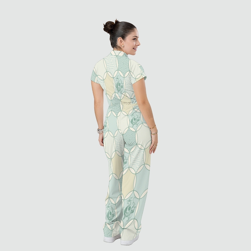 Women's Stand Collar Waist Tie Intangible Cultural Heritage Print Scrub Jumpsuit CJ10273