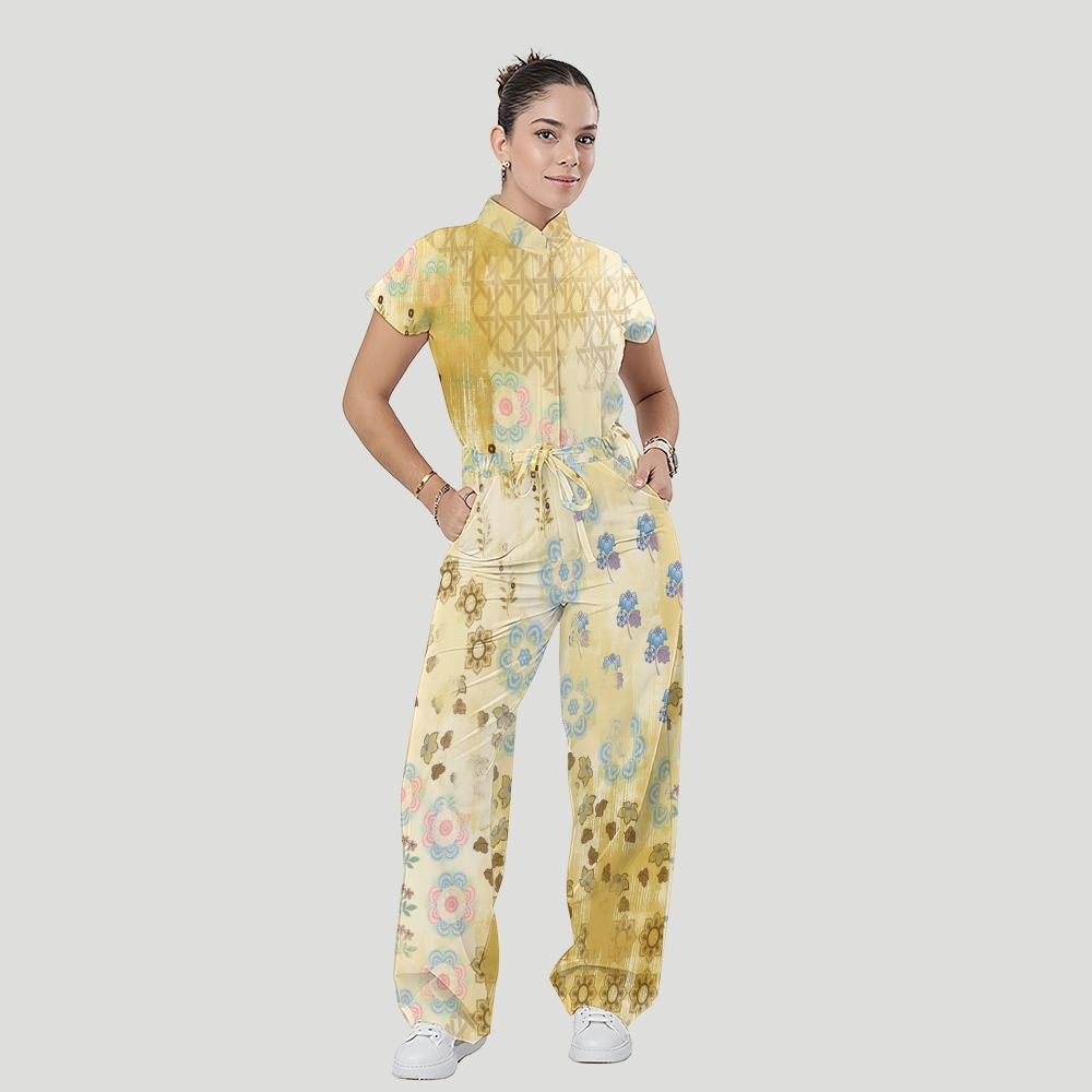Women's Stand Collar Waist Tie Intangible Cultural Heritage Print Scrub Jumpsuit CJ10274