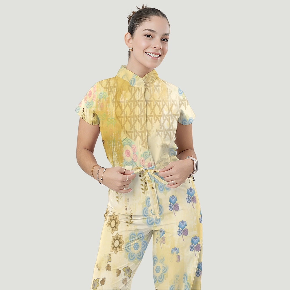 Women's Stand Collar Waist Tie Intangible Cultural Heritage Print Scrub Jumpsuit CJ10274