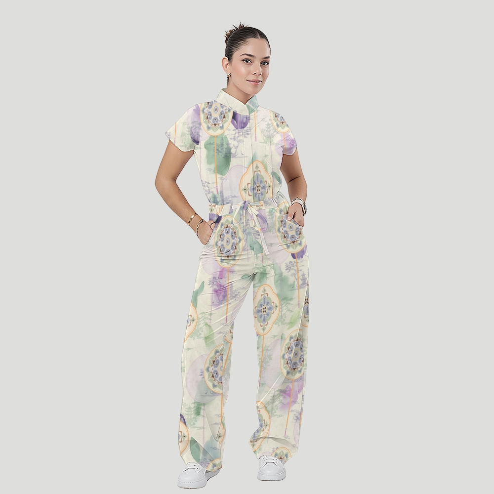 Women's Stand Collar Waist Tie Intangible Cultural Heritage Print Scrub Jumpsuit CJ10275