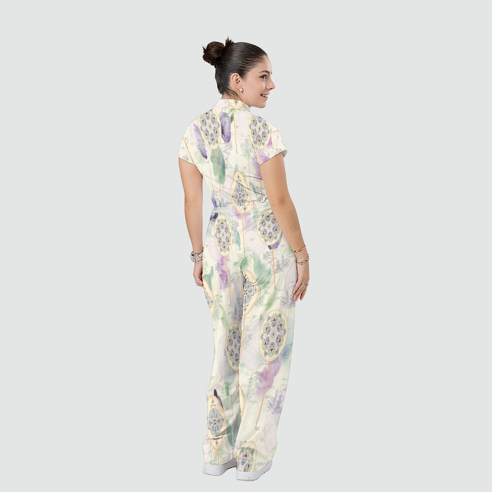 Women's Stand Collar Waist Tie Intangible Cultural Heritage Print Scrub Jumpsuit CJ10275