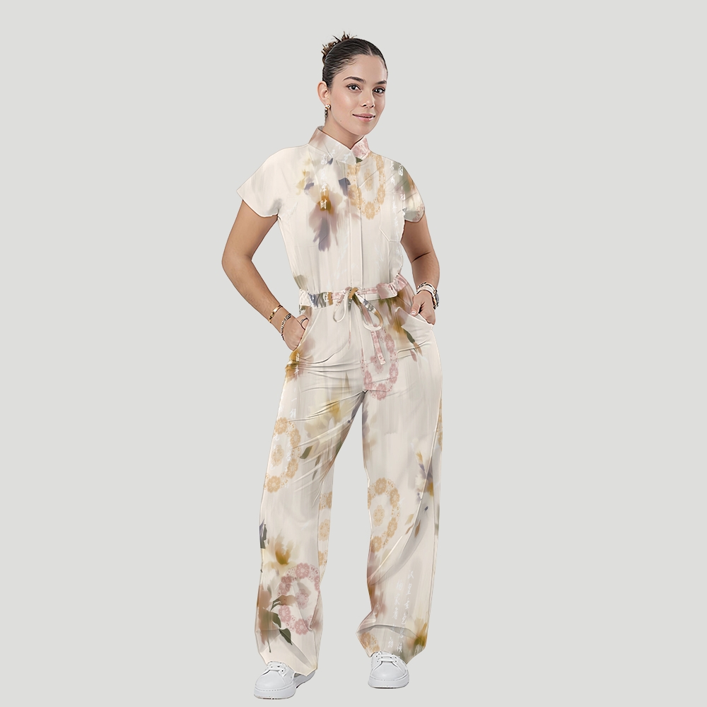Women's Stand Collar Waist Tie Intangible Cultural Heritage Print Scrub Jumpsuit CJ10276