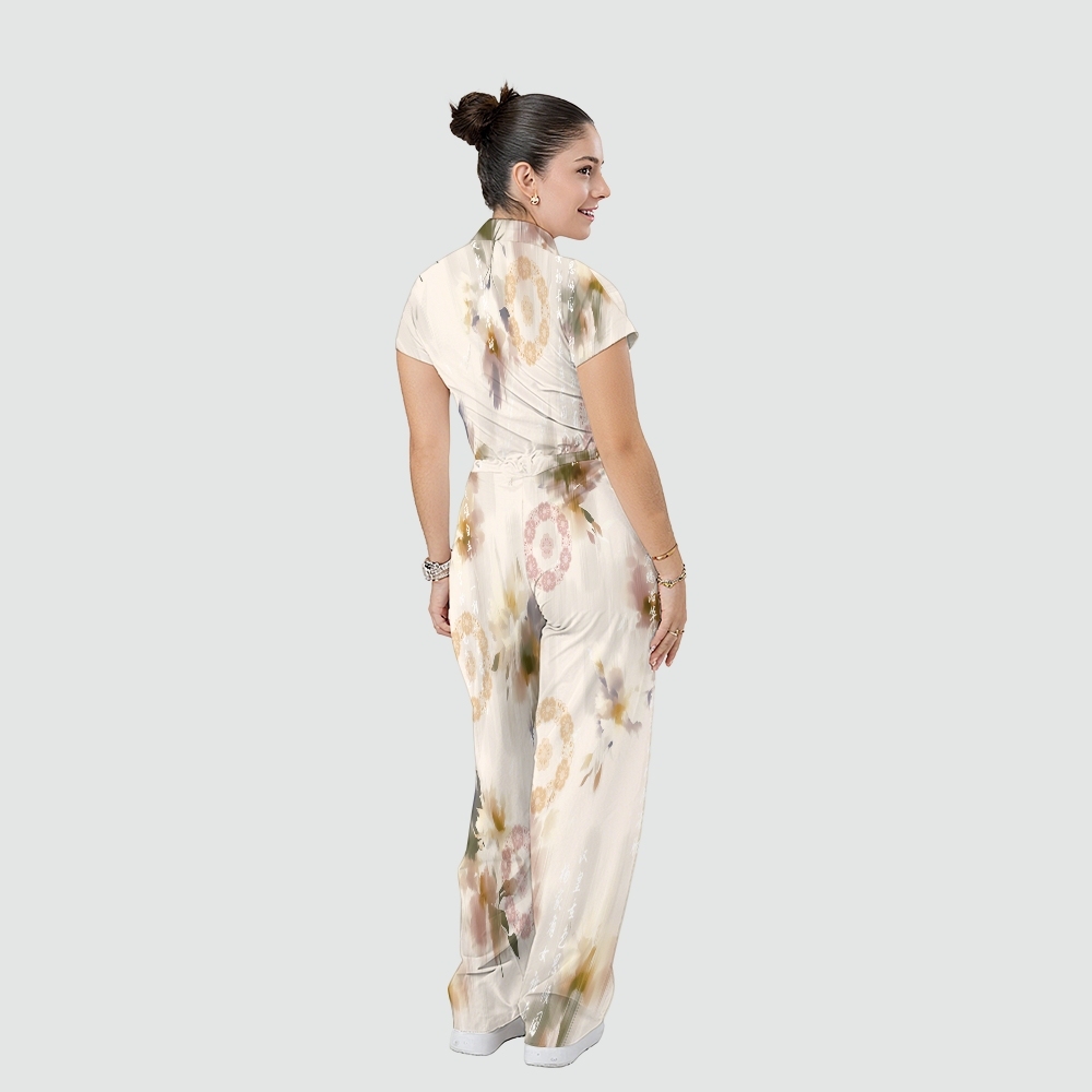 Women's Stand Collar Waist Tie Intangible Cultural Heritage Print Scrub Jumpsuit CJ10276