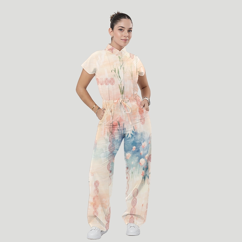 Women's Stand Collar Waist Tie Intangible Cultural Heritage Print Scrub Jumpsuit CJ10277