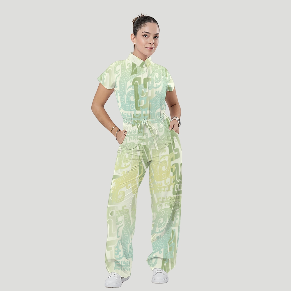 Women's Stand Collar Waist Tie Intangible Cultural Heritage Print Scrub Jumpsuit CJ10278