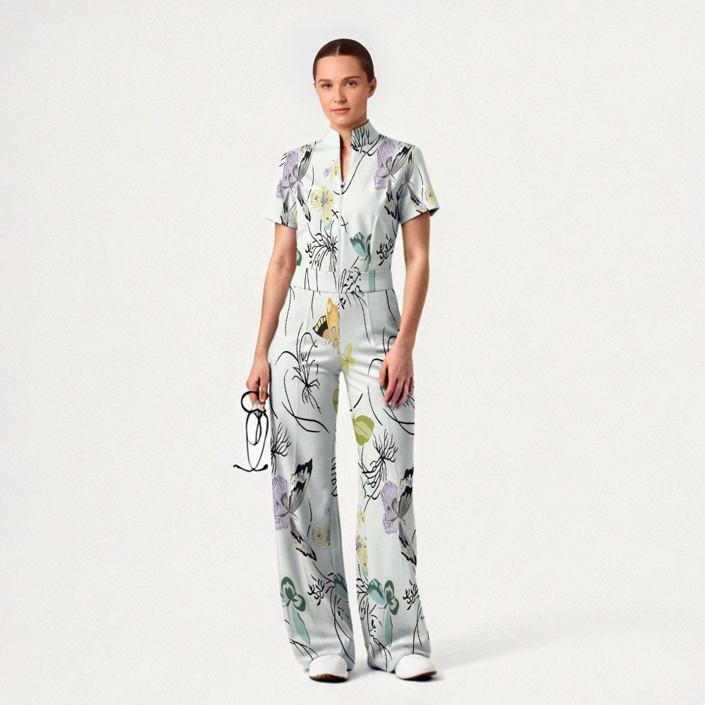 Women's Wide Leg Zip Neck Intangible Cultural Heritage Printed Scrub Jumpsuit JC10291