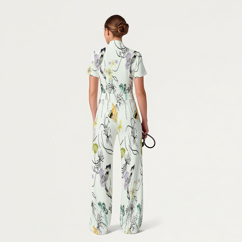 Women's Wide Leg Zip Neck Intangible Cultural Heritage Printed Scrub Jumpsuit JC10291