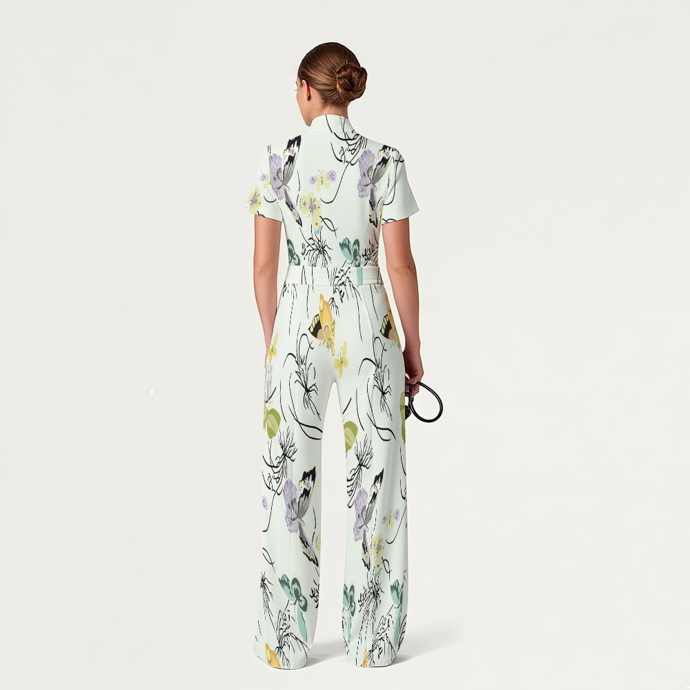 Women's Wide Leg Zip Neck Intangible Cultural Heritage Printed Scrub Jumpsuit JC10291