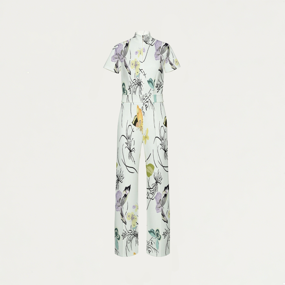 Women's Wide Leg Zip Neck Intangible Cultural Heritage Printed Scrub Jumpsuit JC10291