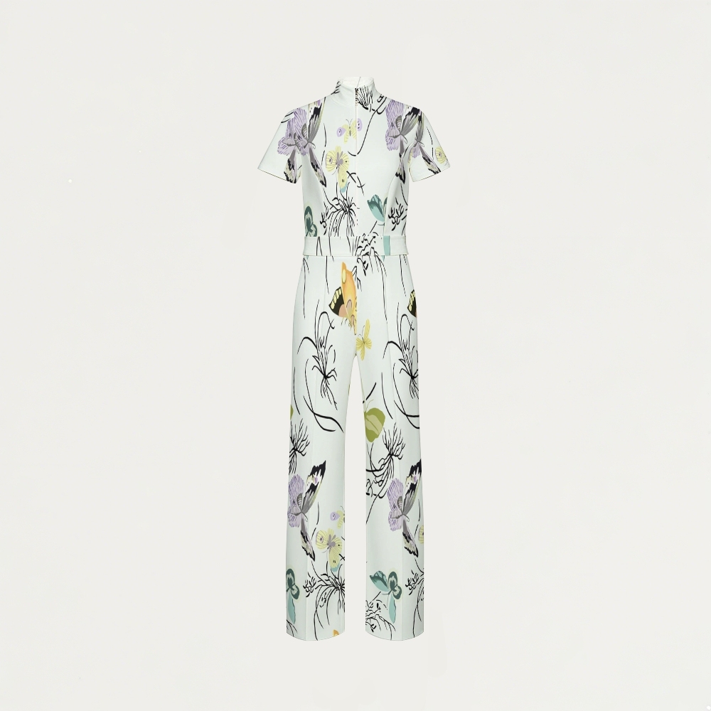 Women's Wide Leg Zip Neck Intangible Cultural Heritage Printed Scrub Jumpsuit JC10291