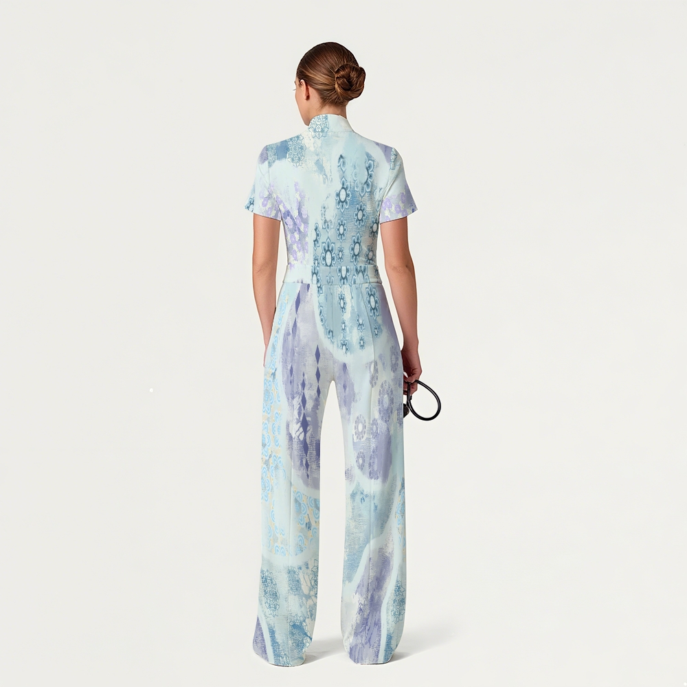 Women's Wide Leg Zip Neck Intangible Cultural Heritage Printed Scrub Jumpsuit JC10292