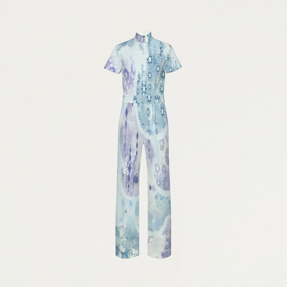 Women's Wide Leg Zip Neck Intangible Cultural Heritage Printed Scrub Jumpsuit JC10292