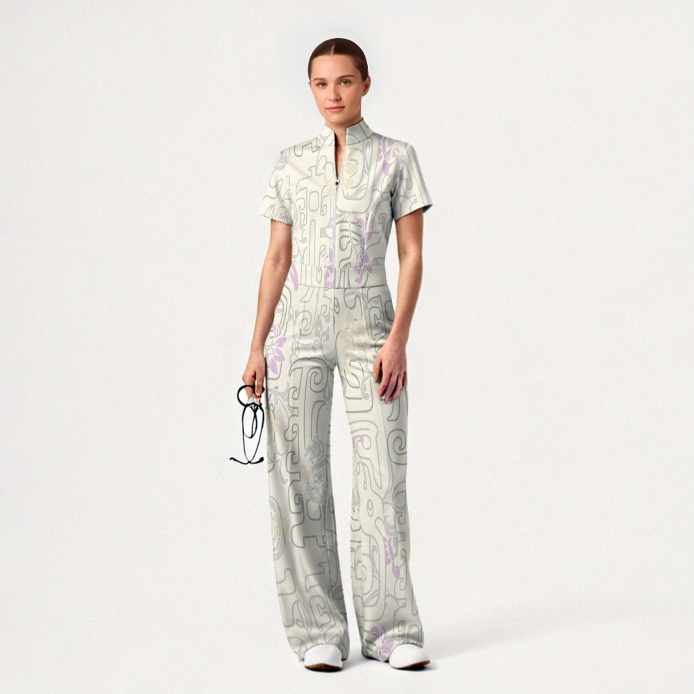 Women's Wide Leg Zip Neck Intangible Cultural Heritage Printed Scrub Jumpsuit JC10293