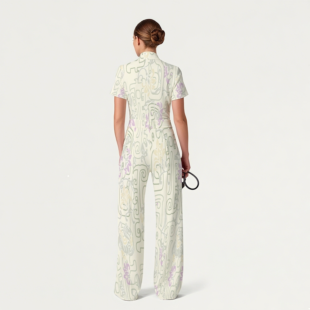 Women's Wide Leg Zip Neck Intangible Cultural Heritage Printed Scrub Jumpsuit JC10293