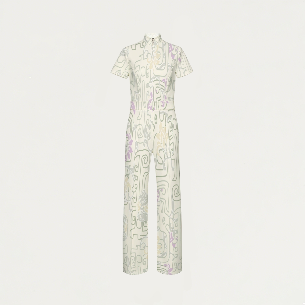 Women's Wide Leg Zip Neck Intangible Cultural Heritage Printed Scrub Jumpsuit JC10293