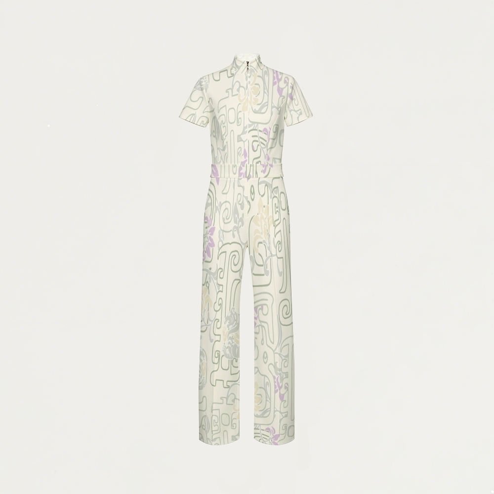 Women's Wide Leg Zip Neck Intangible Cultural Heritage Printed Scrub Jumpsuit JC10293