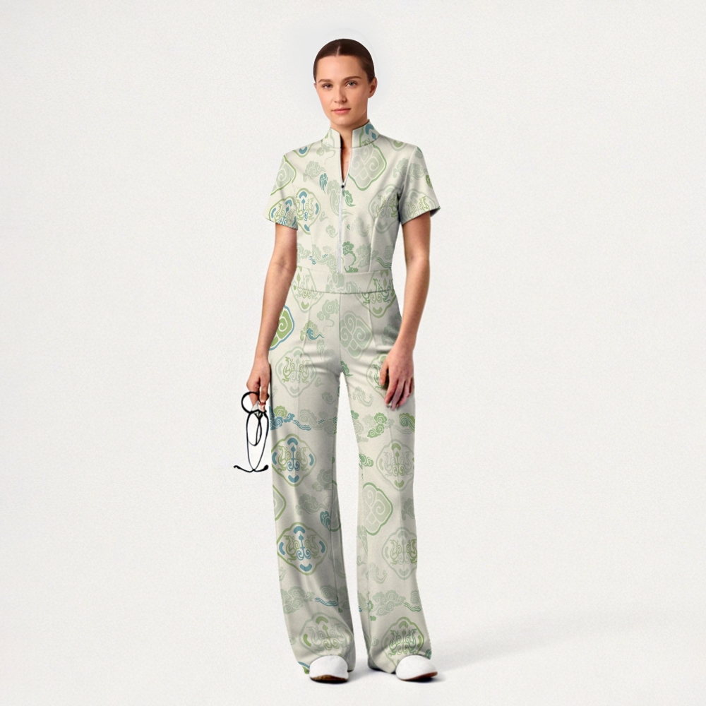 Women's Wide Leg Zip Neck Intangible Cultural Heritage Printed Scrub Jumpsuit JC10294