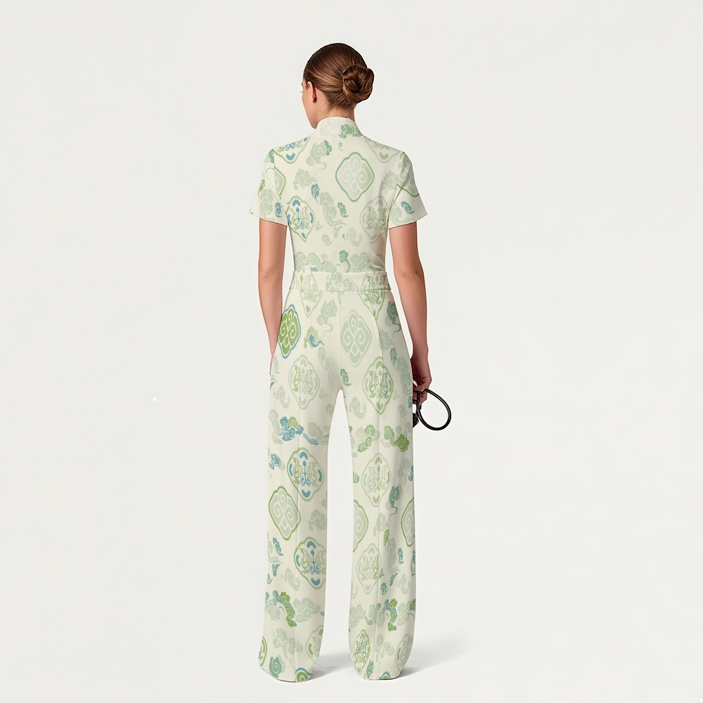 Women's Wide Leg Zip Neck Intangible Cultural Heritage Printed Scrub Jumpsuit JC10294