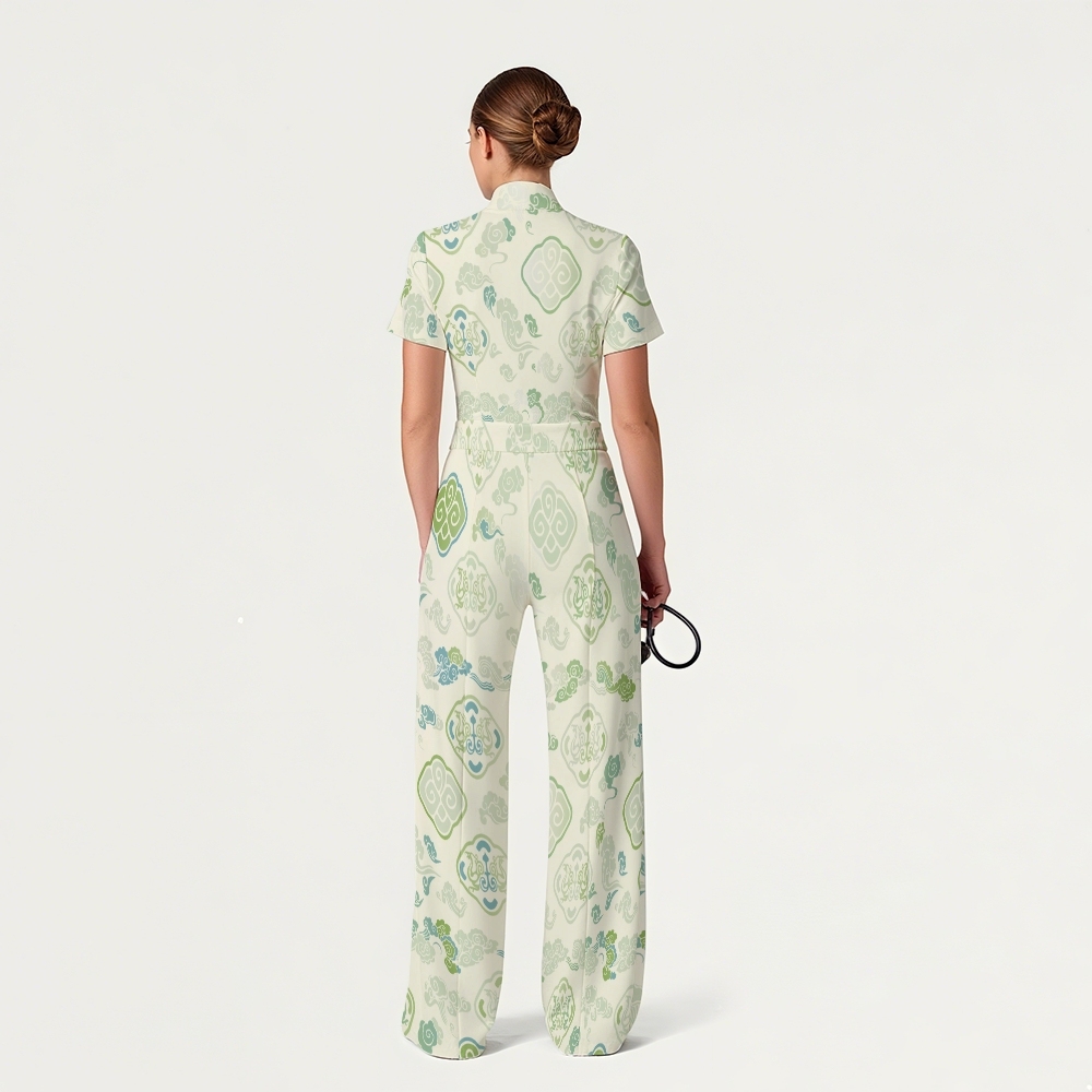 Women's Wide Leg Zip Neck Intangible Cultural Heritage Printed Scrub Jumpsuit JC10294