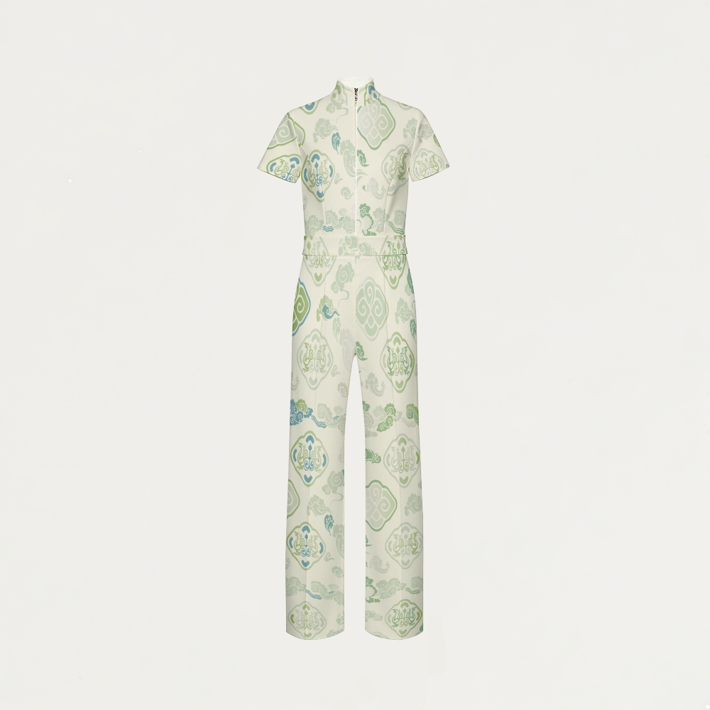 Women's Wide Leg Zip Neck Intangible Cultural Heritage Printed Scrub Jumpsuit JC10294