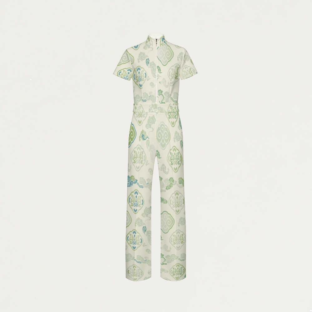 Women's Wide Leg Zip Neck Intangible Cultural Heritage Printed Scrub Jumpsuit JC10294