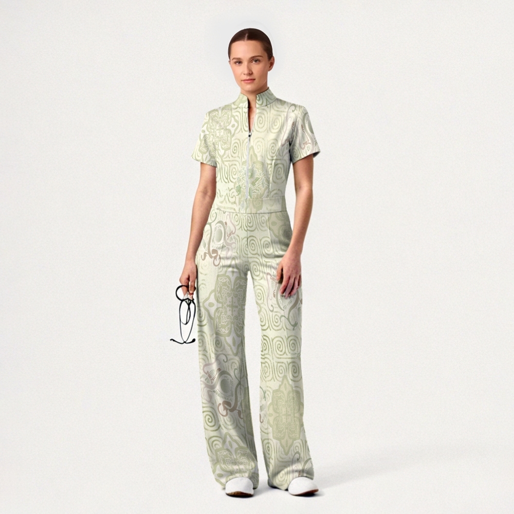 Women's Wide Leg Zip Neck Intangible Cultural Heritage Printed Scrub Jumpsuit JC10295