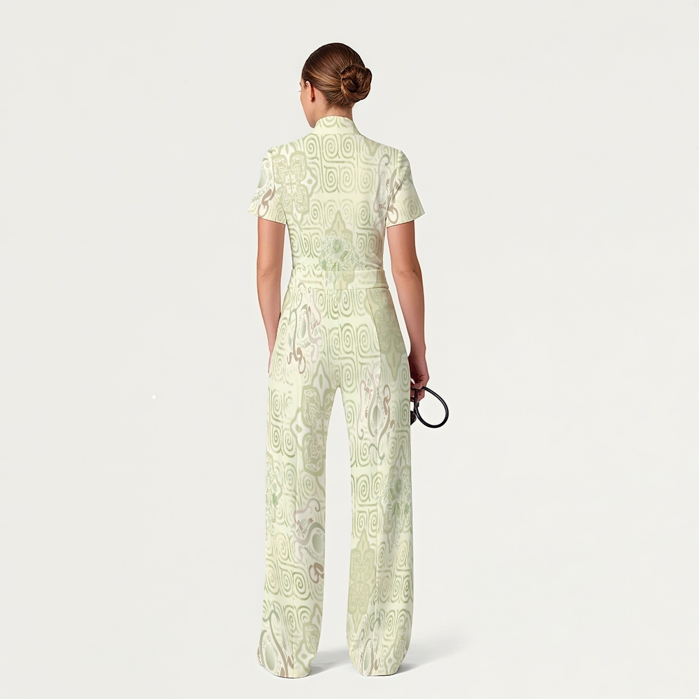 Women's Wide Leg Zip Neck Intangible Cultural Heritage Printed Scrub Jumpsuit JC10295