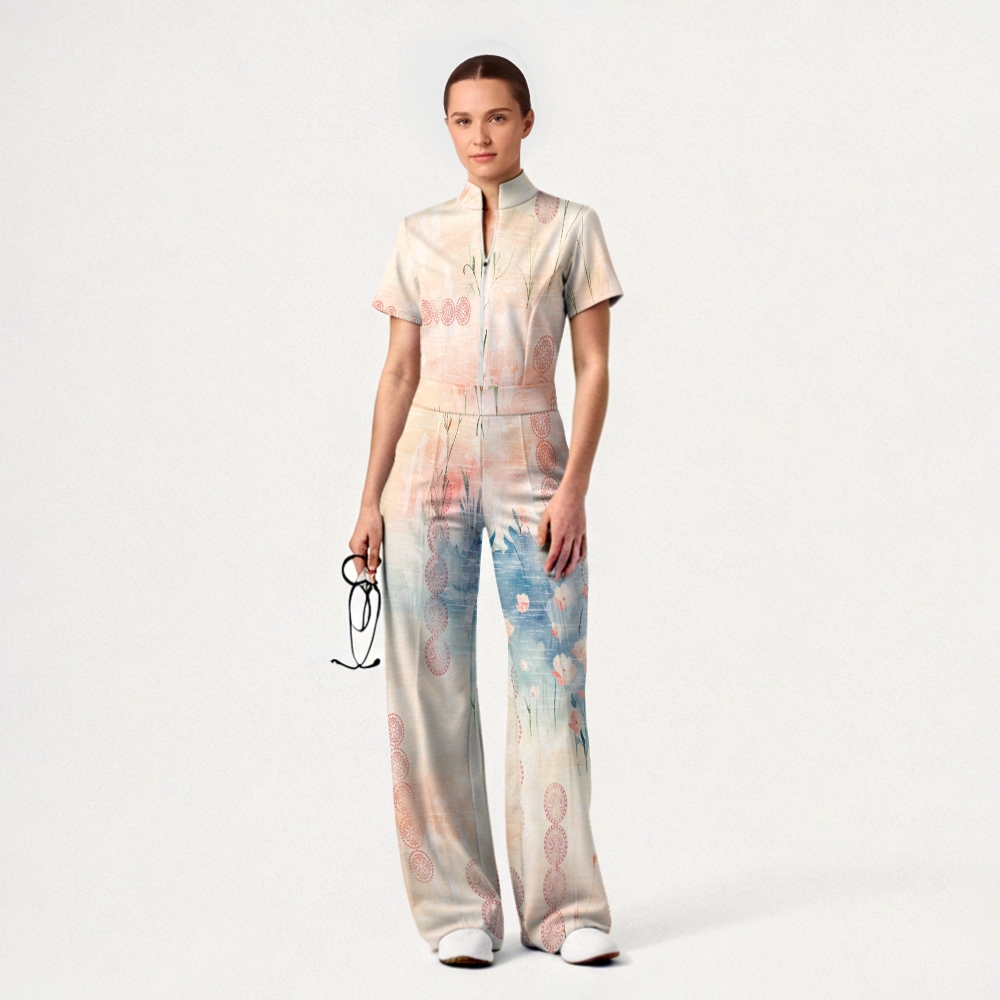 Women's Wide Leg Zip Neck Intangible Cultural Heritage Printed Scrub Jumpsuit JC10296