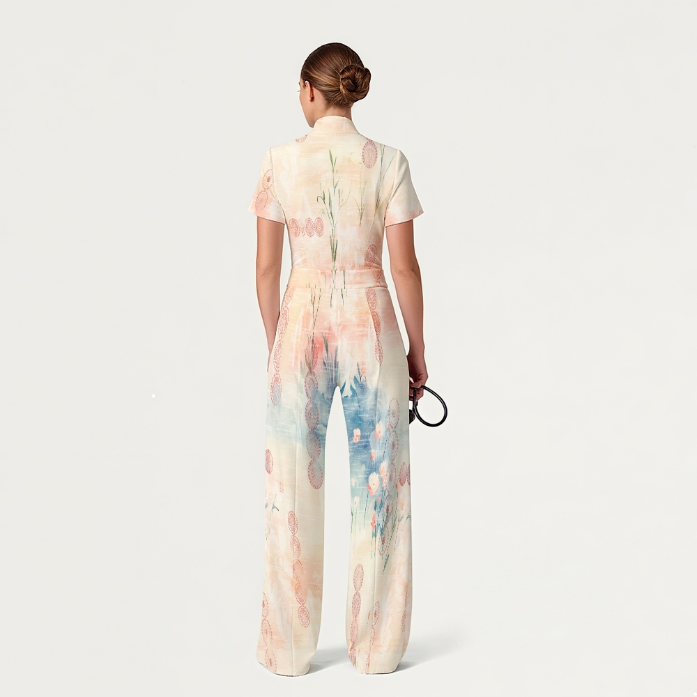 Women's Wide Leg Zip Neck Intangible Cultural Heritage Printed Scrub Jumpsuit JC10296