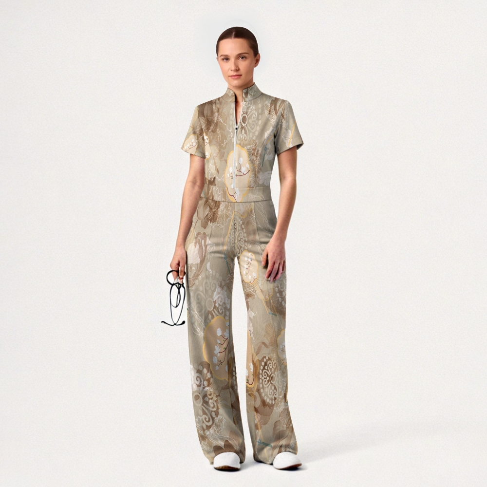 Women's Wide Leg Zip Neck Intangible Cultural Heritage Printed Scrub Jumpsuit JC10297