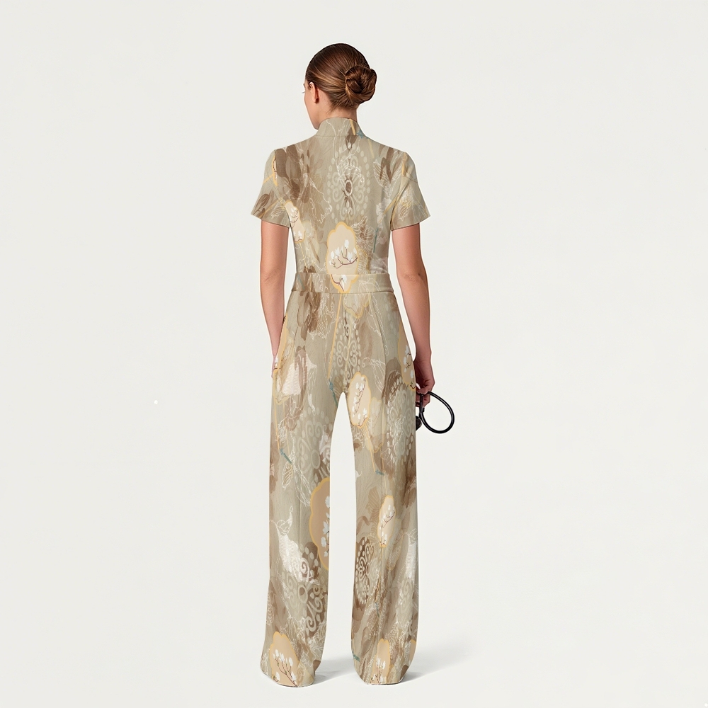 Women's Wide Leg Zip Neck Intangible Cultural Heritage Printed Scrub Jumpsuit JC10297