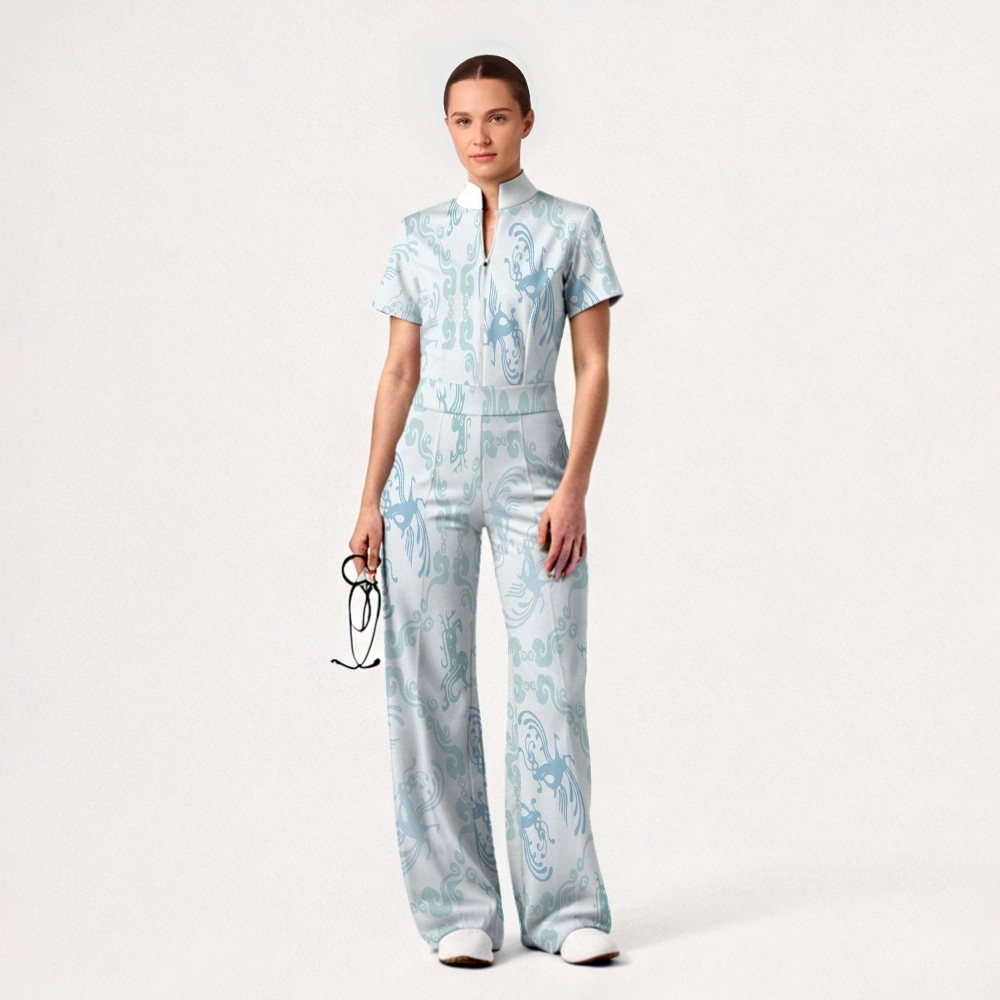 Women's Wide Leg Zip Neck Intangible Cultural Heritage Printed Scrub Jumpsuit JC10298