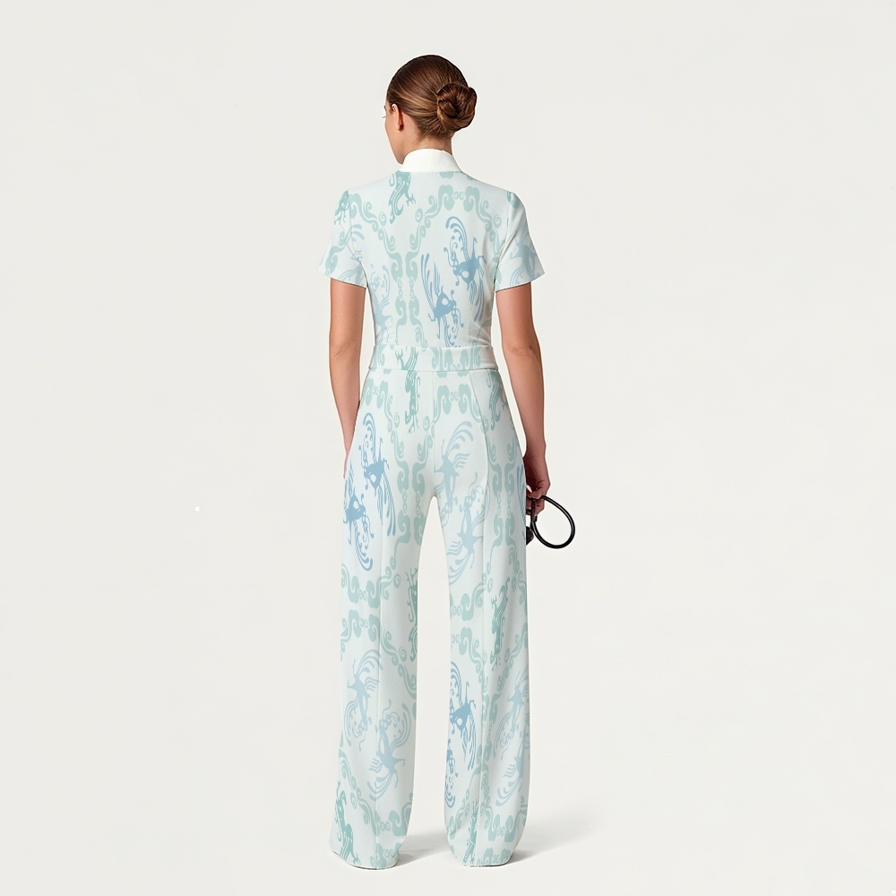 Women's Wide Leg Zip Neck Intangible Cultural Heritage Printed Scrub Jumpsuit JC10298