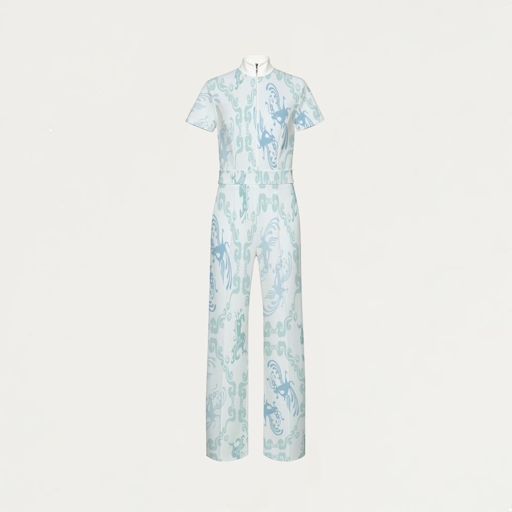 Women's Wide Leg Zip Neck Intangible Cultural Heritage Printed Scrub Jumpsuit JC10298