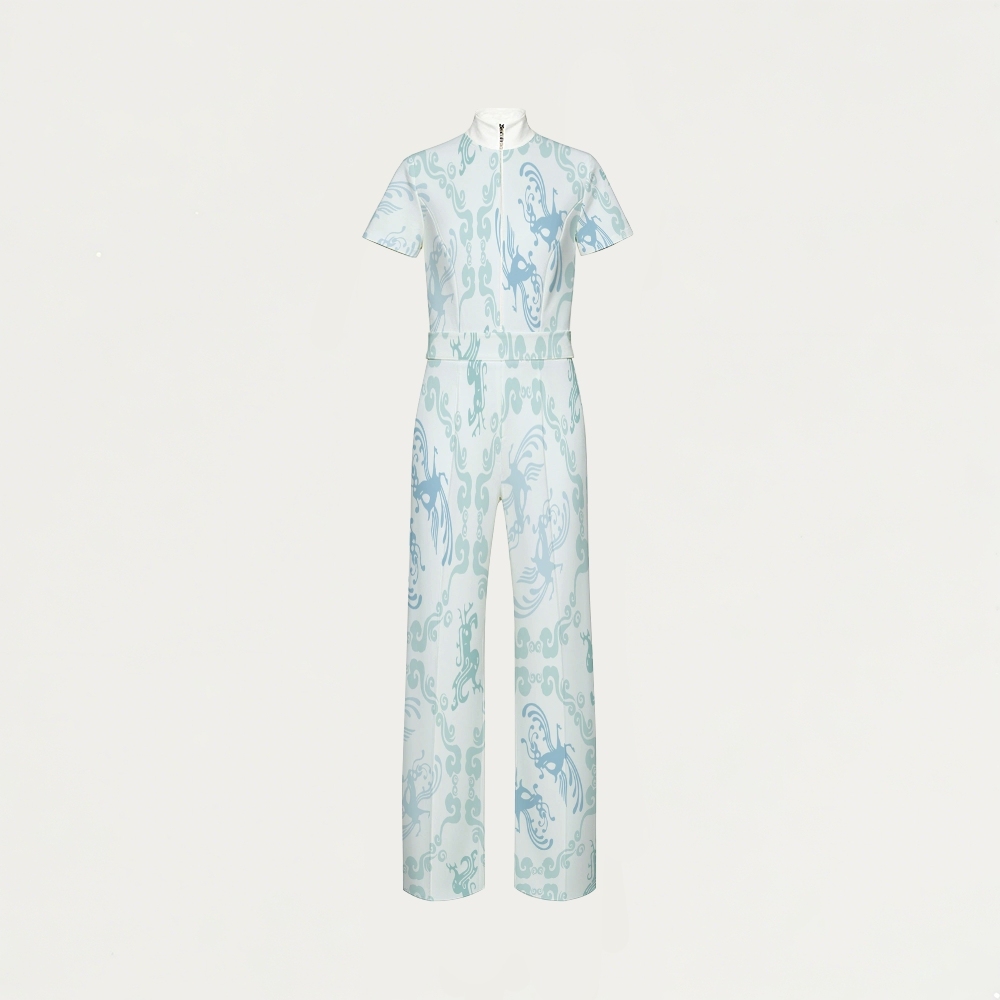 Women's Wide Leg Zip Neck Intangible Cultural Heritage Printed Scrub Jumpsuit JC10298