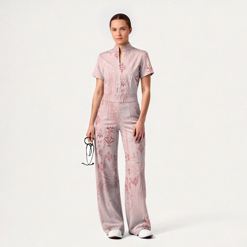 Women's Wide Leg Zip Neck Intangible Cultural Heritage Printed Scrub Jumpsuit JC10299